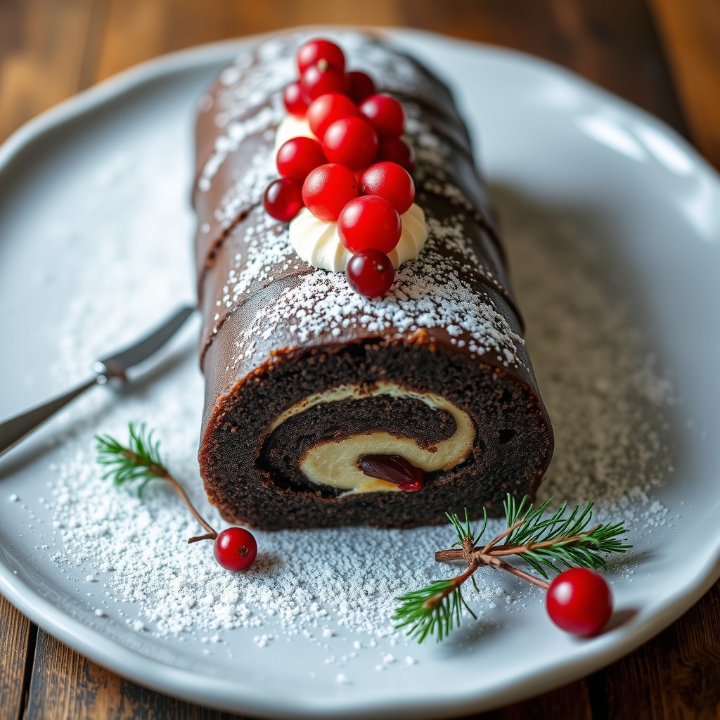 découvrez notre bûche forêt noire revisitée, une délicieuse alliance de chocolat, cerises et crème légère pour un desser