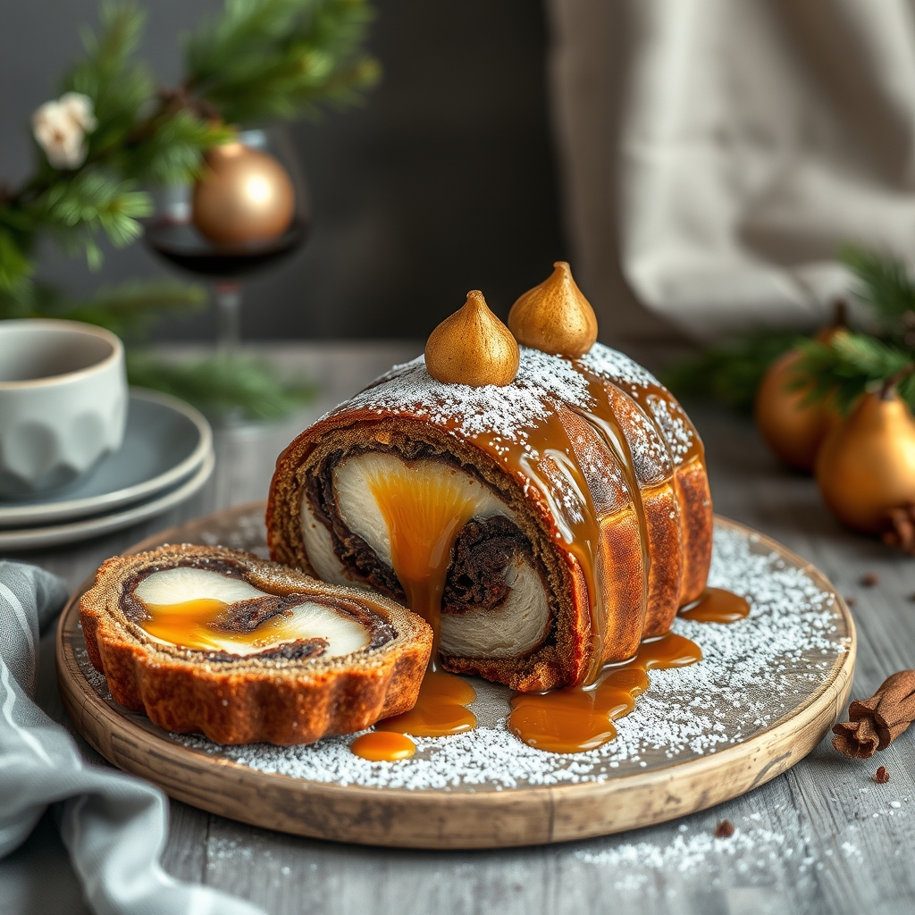 découvrez notre délicieuse bûche poire chocolat caramel, un dessert gourmand alliant la douceur des poires, l'intensité